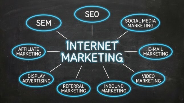 Internet marketing diagram on blackboard showcasing digital strategy channels for business growth and visibility.