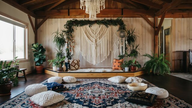 Boho style wedding ceremony stage with macrame backdrop and floor pillows
