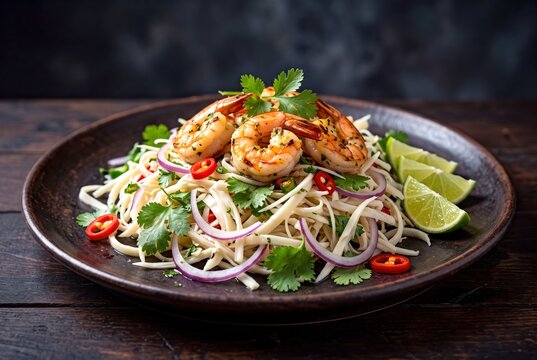 Delicious Mauritius Salade de Palmiste palm heart salad topped with grilled shrimp, fresh cilantro, and lime.