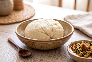 Fototapeta premium Traditional Nigerian fufu made from tough tapioca starch served in a rustic ceramic bowl.