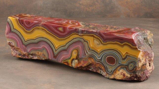 A stunning slice of Mookaite Jasper showcasing intricate swirling patterns of red, yellow, and pink, a natural work of art from the earth.