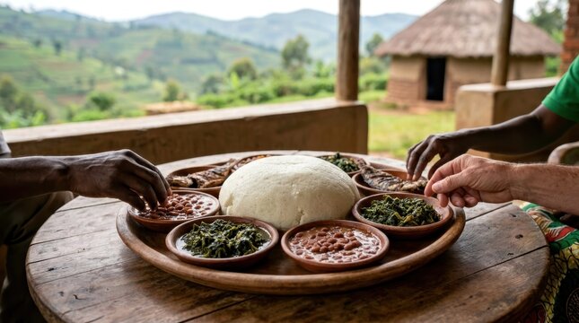 Family sharing traditional Rwandan ugali meal with beans and fish on a wooden table outdoors.