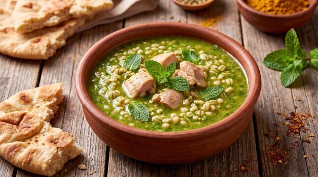 Traditional Libyan Sharba Libiya Green Barley Soup with Chicken and Fresh Mint in a Rustic Bowl