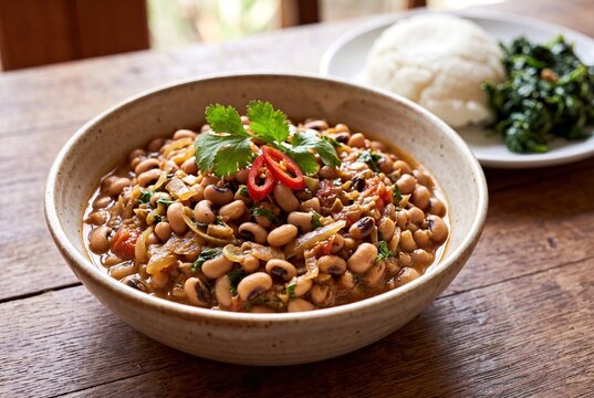 Traditional Zimbabwean nyemba black eyed peas cooked with aromatic onions and garlic served in a bowl.