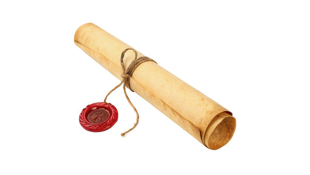 Vintage ancient paper scroll parchment with wax seal isolated on transparent background for history library concepts