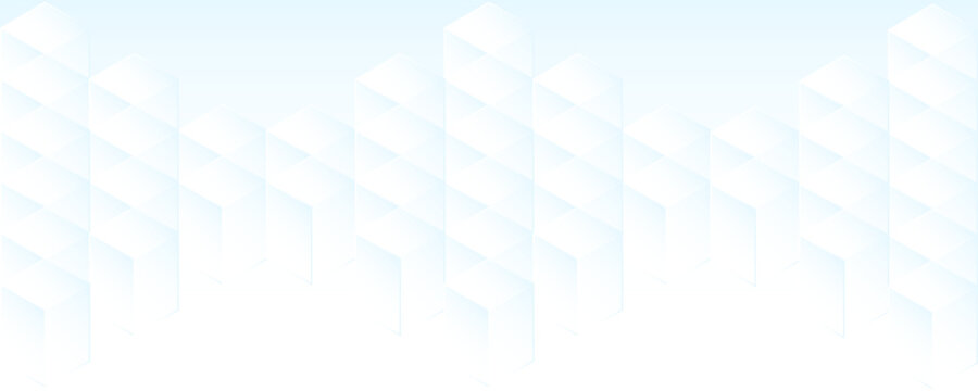 Abstract white geometric 3d isometric cubes repeating pattern on light blue background with modern subtle technology.