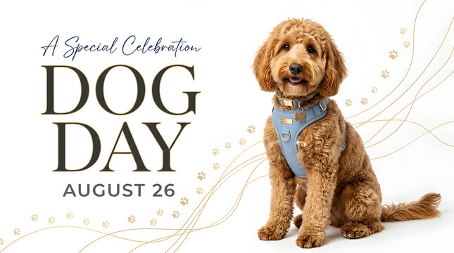 A special celebration dog day august 26 banner with cute fluffy puppy wearing blue harness, celebration