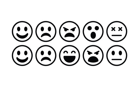 Simple black emoji smiley symbols showing various moods for customer satisfaction and survey design