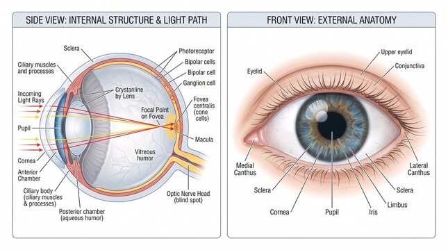 Internal structure and external anatomy of the human eye