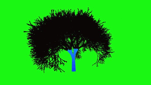 Glowing blue light flows up a rotating black tree on a green screen key background in a seamless 3D render loop for VFX compositing