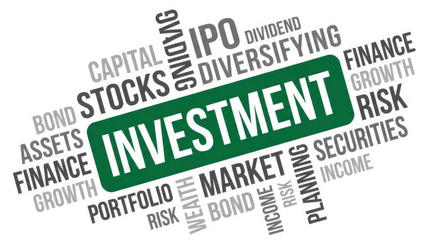 Investment word cloud around central green button representing financial growth and diversified asset portfolio.