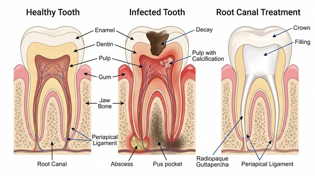 Comparative diagram of healthy tooth and root canal treatment