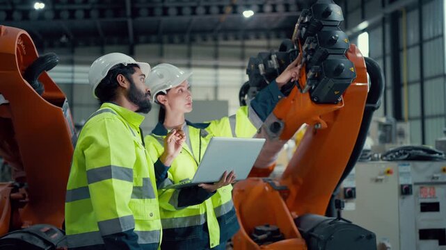 Two engineers stand beside an orange robotic arm. They wear hard hats and high-visibility jackets. One holds a laptop, pointing at the robot