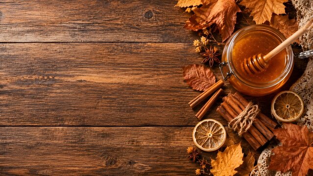 Autumn honey jar on rustic wood background, seasonal fall still life with cinnamon sticks and dried leaves, cozy organic food border with copy space