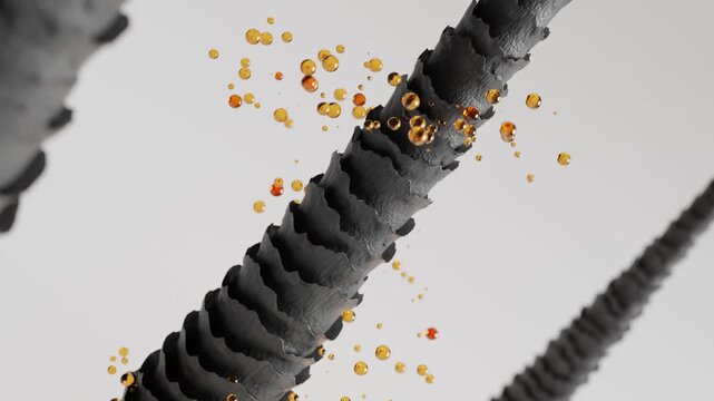 Close up damaged hair cuticle receiving golden oil serum particles. 3D Render