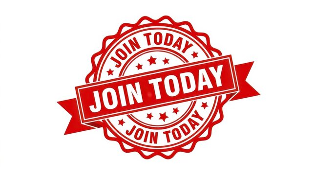 Join today red stamp or badge with ribbon and stars for business or event promotion.