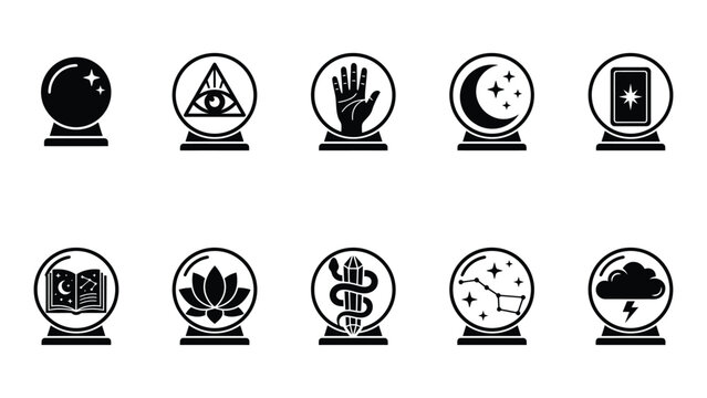 Fortune teller crystal ball icons with mystical zodiac and divination symbols set.