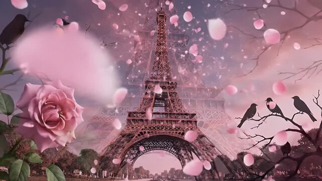 Dreamlike Paris Romance: Eiffel Tower Framed By Pink Roses And Bluebirds Under A Starry Pink Sky