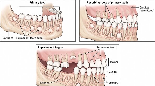 Human dental development from primary to permanent teeth