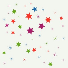 Fototapeta premium Light gray background, with scattered multicolored, stars and sparkling, star bursts in, various sizes