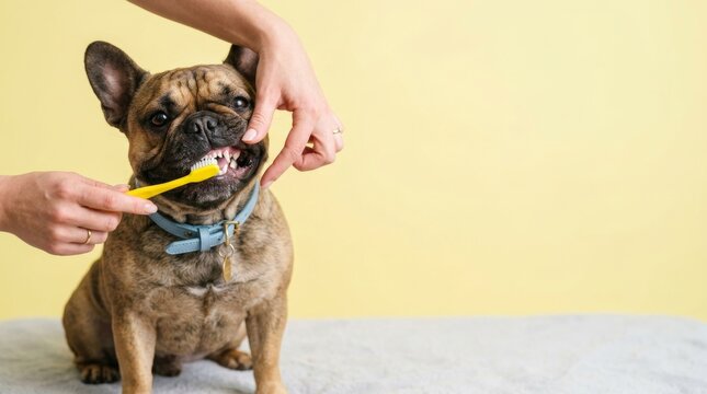 Caring pet owner brushing dog's teeth with a yellow toothbrush for dental hygiene and a bright smile