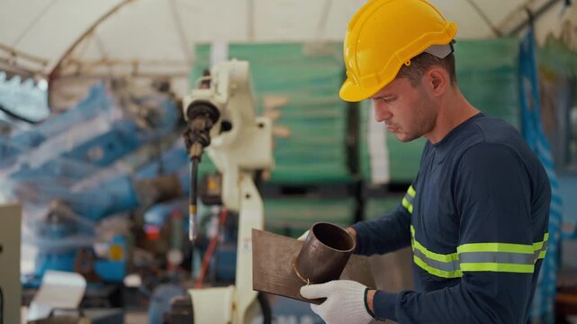 Worker inspects metal parts in industrial setting with robotic arm background. Focused on quality control tasks