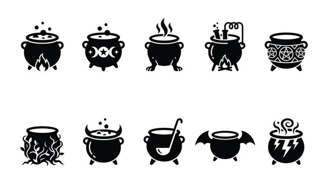 Set of ten black witch cauldrons with bubbling potions and magical symbols.
