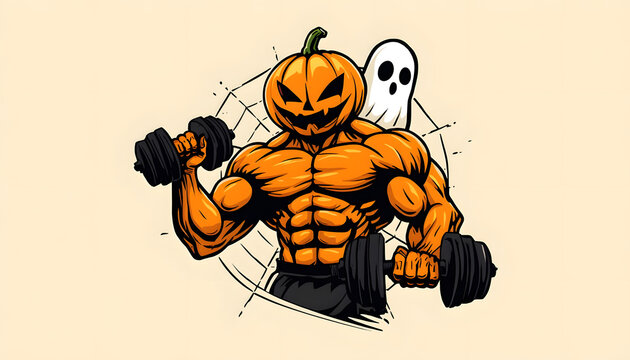 muscular halloween pumpkin lifting dumbbells fitness vector illustration with bodybuilder jack o lantern spider web and ghost