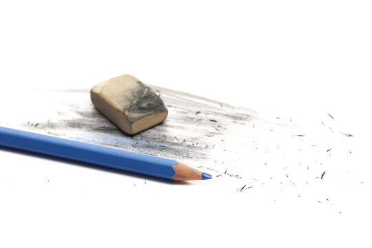 Graphite pencil and eraser with shavings isolated on white background, side view, design element