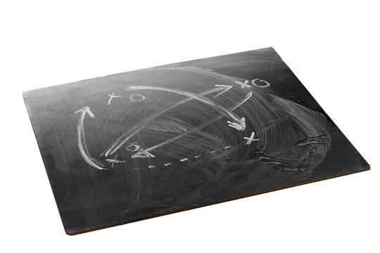 Soccer or football plan and chalk on blackboard with tactics strategy, isolated on white, side view