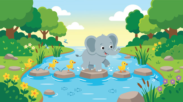 Cute cartoon elephant and baby ducks crossing river on stepping stones, funny animal friends in nature illustration, kids learning and adventure concept