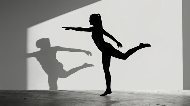 Silhouette of a graceful ballet dancer performing an elegant arabesque pose with a dramatic shadow on a white wall