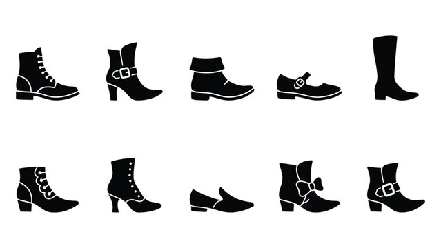 Black silhouette icons of various styles of boots and women footwear.