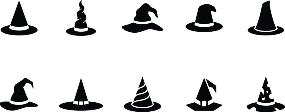 Collection of black witch hat silhouettes on transparent background.