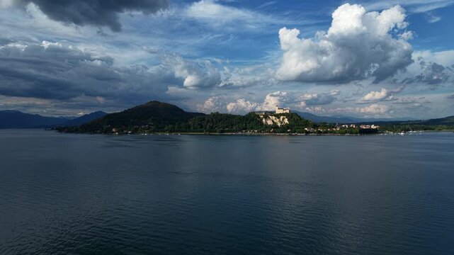 Aerial Overhead Lake Maggiore Towards Borromeo Castle in Angera