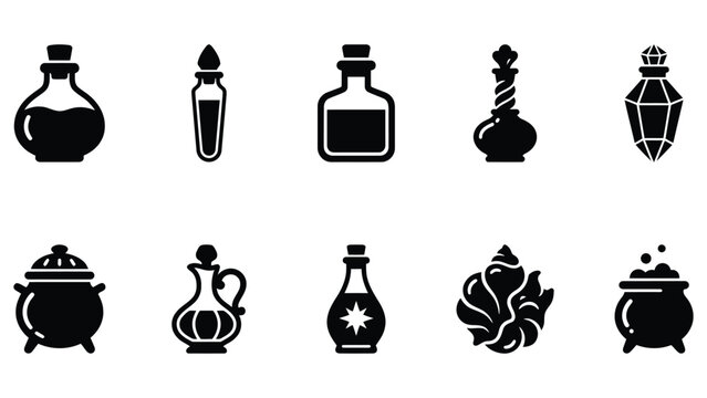 Collection of ten magical potion bottles and cauldrons on a white background.