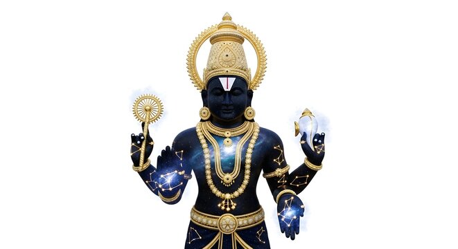 Hindu Deity Illustration with Traditional Attire and Symbols.