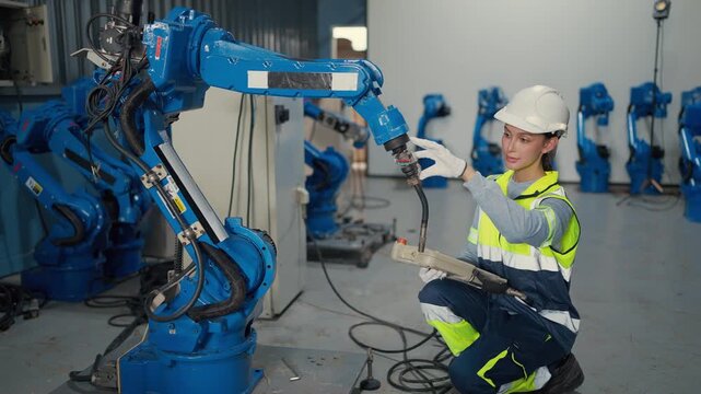 Woman in hardhat checks robotic arm. She kneels beside blue industrial robots. Gloved hands hold tool. Factory floor hosts multiple mechanical arms. Focus on human-robot interaction