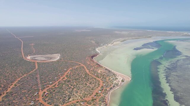 Big Lagoon Coastline and Red Dirt Tracks at Francois Peron National Park Australia Aerial Drone Shot