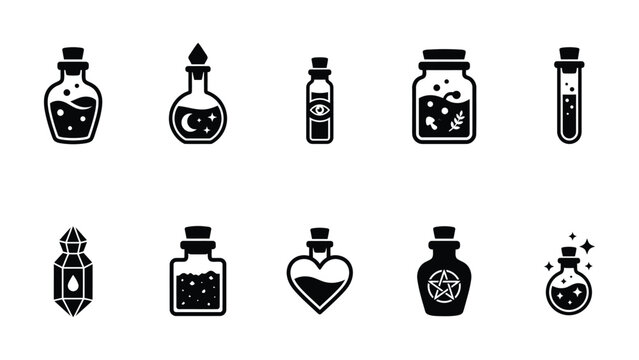 Collection of magical potion bottles and alchemist elixir containers.