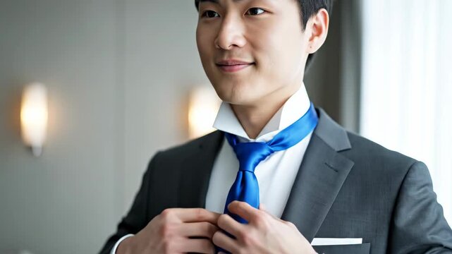 Groom adjusting his blue silk tie in a suit. Asian man preparing for a wedding ceremony in a hotel room. Formal attire concept