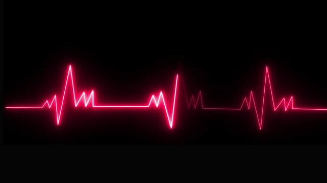 ECG monitor beating heart with a neon electrocardiogram overlay, featuring dynamic HUD elements and a gradient background.Abstract neon heartbeat signal icon animation background on black back ground