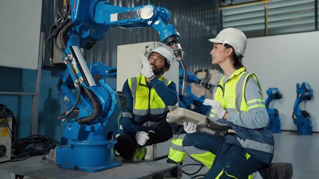 Two engineers inspect robotic arm in factory. They wear hard hats and safety vests. They kneel beside blue industrial machinery, discussing operations.