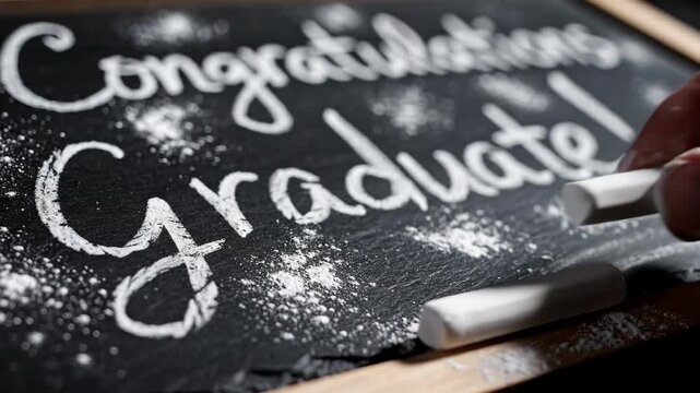 Close-up of a hand underlining Congratulations Graduate text on a blackboard. Academic success and university graduation concept. Celebration of completing school education