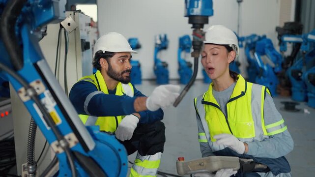 Two engineers inspect robotic arm in factory. They wear hard hats and safety vests. They kneel beside blue industrial machinery, discussing operations.