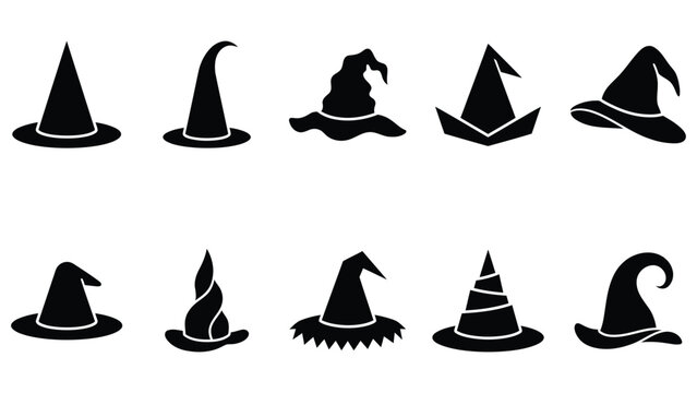 Set of black witch hats vector illustration, wizard accessory silhouette, halloween costume icon collection.