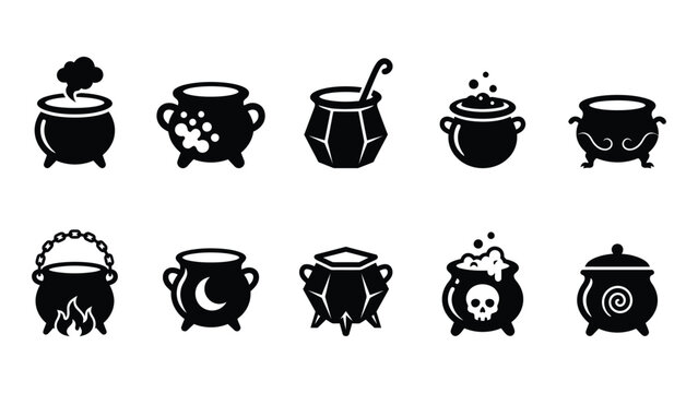 Set of black witch cauldron vector illustration, halloween pot for potion silhouette, magic item collection.