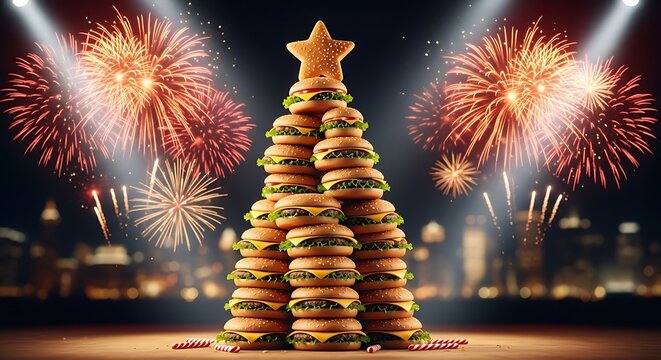 A festive christmas tree made of stacked cheeseburgers topped with a star, set against a vibrant night sky with fireworks and city lights
