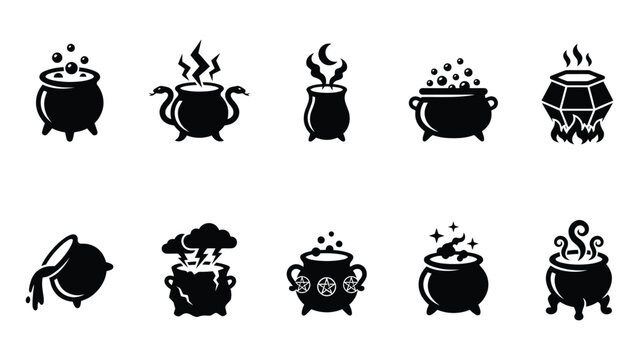 Set of black witch cauldron vector illustration, halloween potion pot silhouette with magic effects.