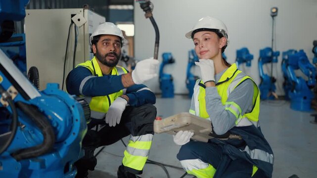 Two workers inspect robotic arms in a factory setting. They wear safety vests and hard hats, knee-deep in work